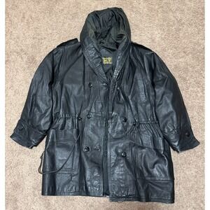 VTG Black Leather Field Jacket w Hood 90s Utility Parka Style Coat DANY size L